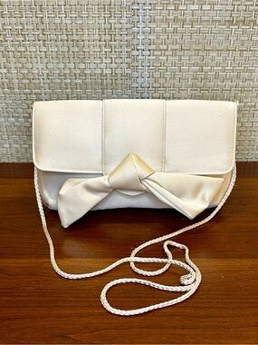 1990s Kate Landry Cream Satin Evening Clutch with Statement Bow & Braided Strap